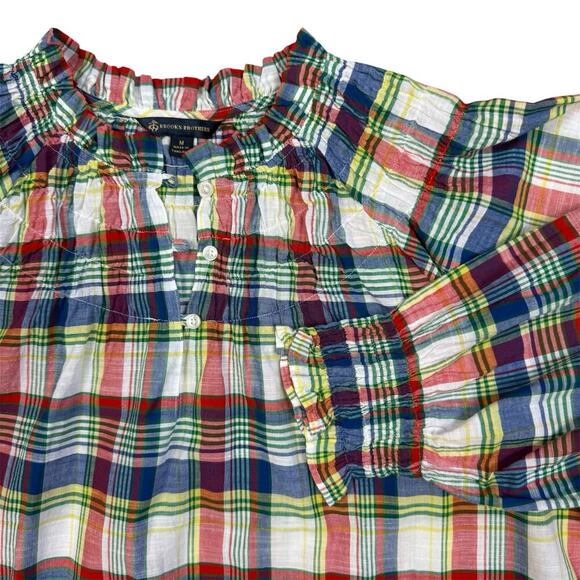 Brooks Brothers L/S Blouse Top Womens Medium Plaid Colorful Smocked Neck Peasant - Picture 2 of 11